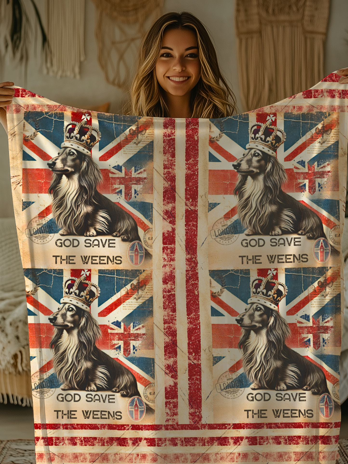God Save the Weens Velveteen Plush Blanket Cozy Throw Blanket British Style Blanket Unique Dachshund Mom Gift House warming Blanket Weenie Dog Dad
