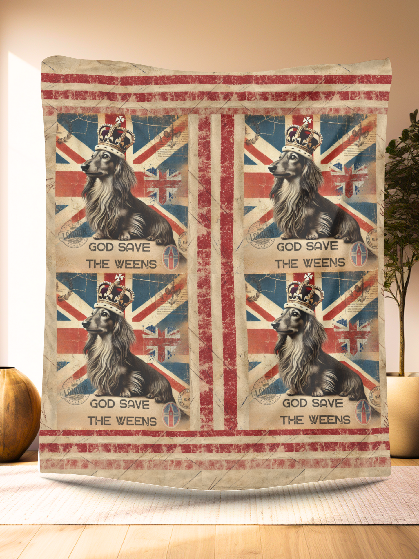 God Save the Weens Velveteen Plush Blanket Cozy Throw Blanket British Style Blanket Unique Dachshund Mom Gift House warming Blanket Weenie Dog Dad