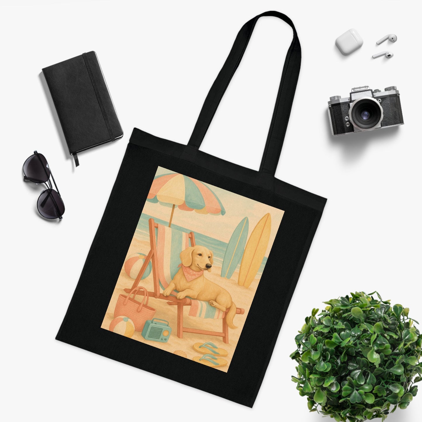 Retro Dachshund Cotton Tote Bag - Beach bag, shopping bag