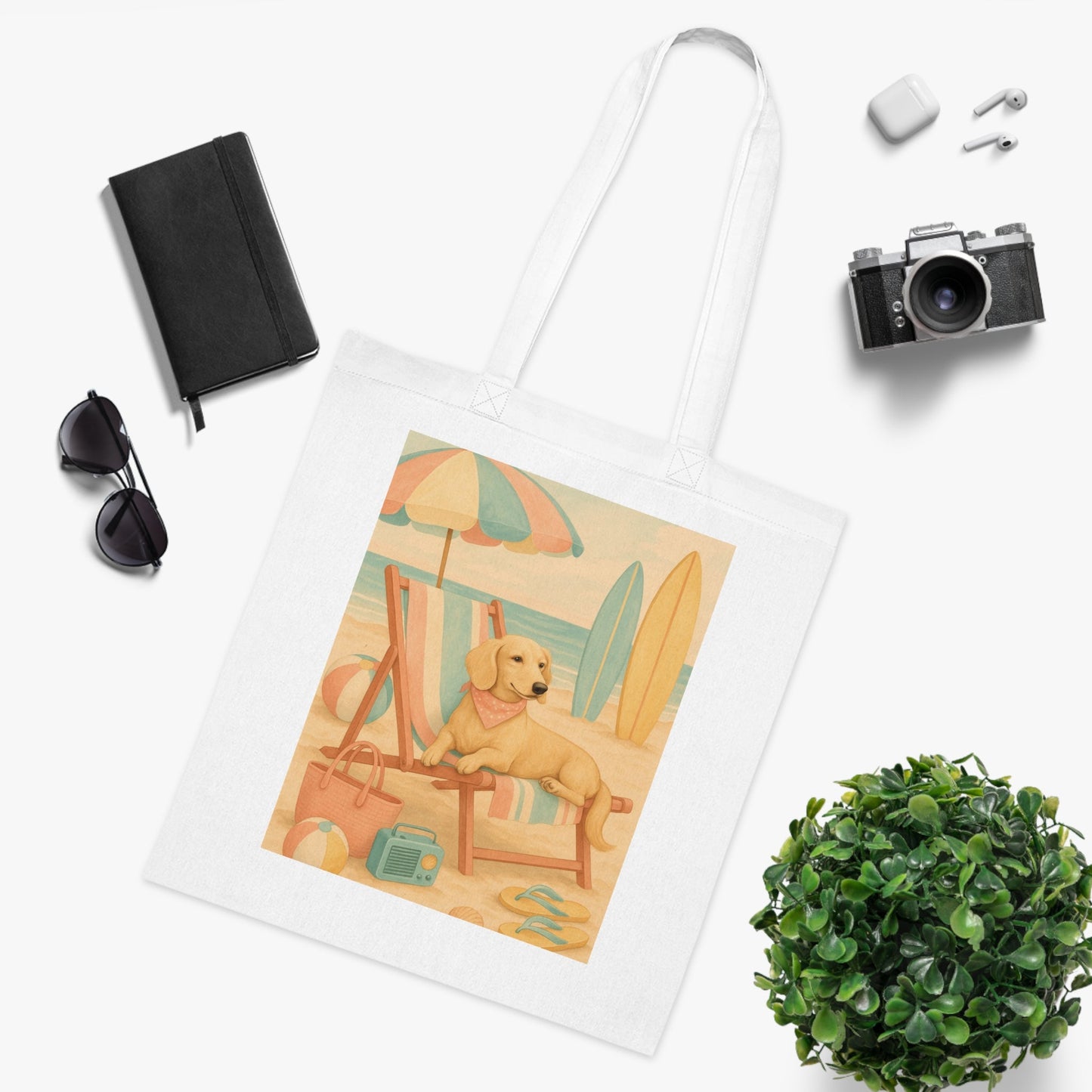 Retro Dachshund Cotton Tote Bag - Beach bag, shopping bag
