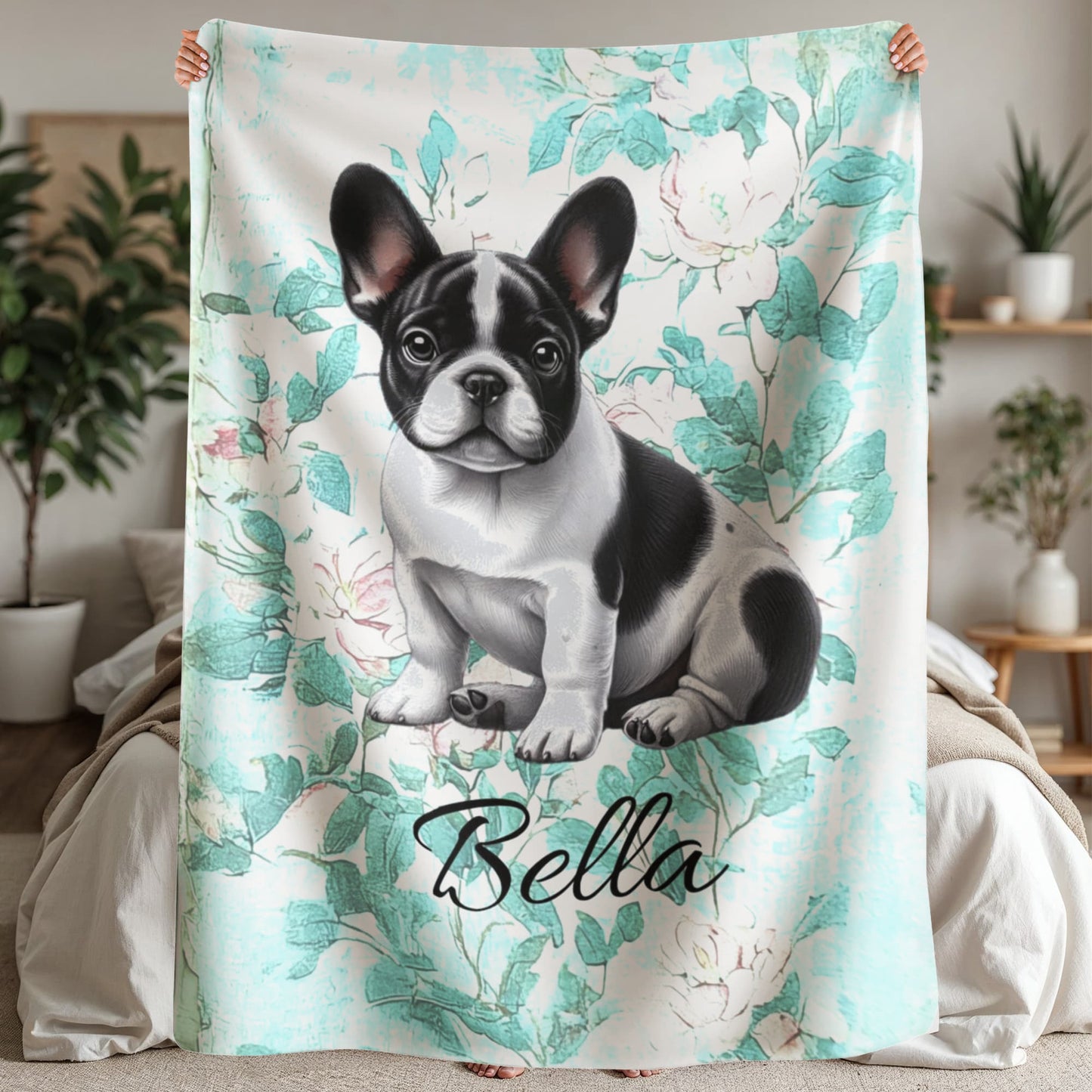 Custom Pet Blanket with Pet Photo + Pet Name Pink Pressed Flowers Blanket Custom Breed Sherpa Dog Mom Throw Customized Pet Gift Cozy Throw