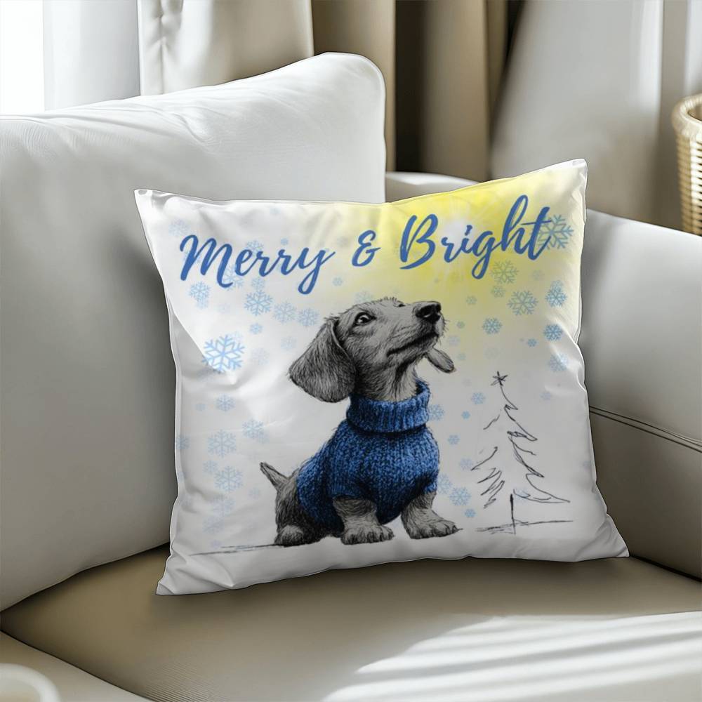 Throw Pillow Cover with Insert- Dachshund Christmas, Merry & Bright, Peace on Earth, Christmas Tree, Snowflakes, decorative pillow
