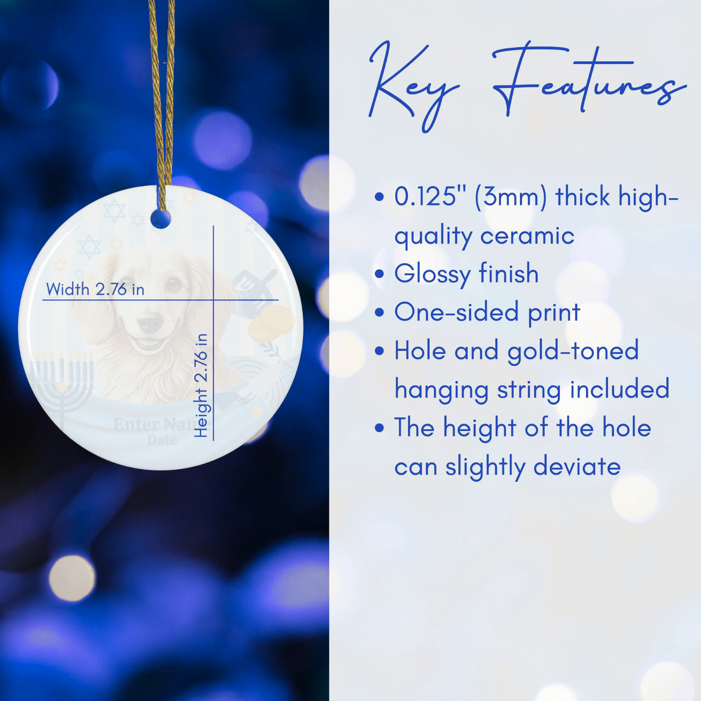 Ceramic Dachshund Hanukkah Ornament for doxie lovers, dog lovers, custom pet ornament, personalized ornament, pet lover, gift for pet lover.