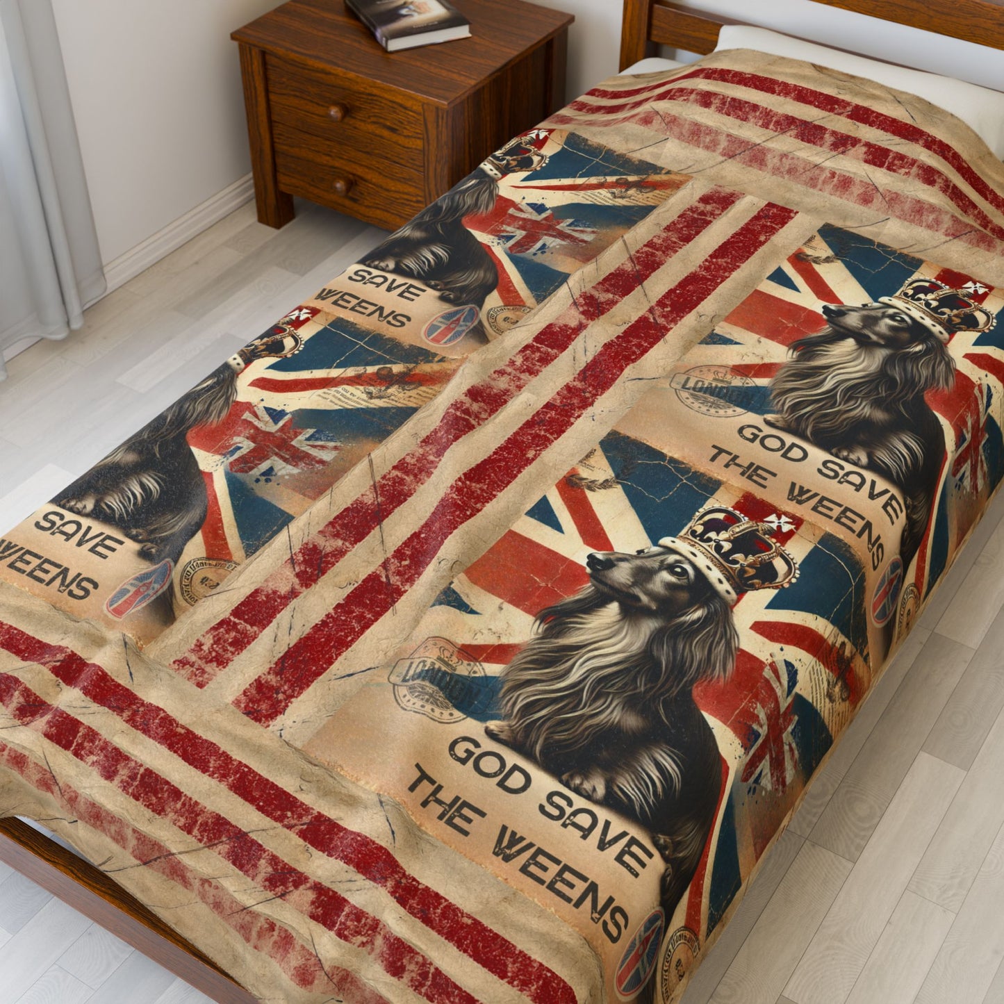 God Save the Weens Velveteen Plush Blanket Cozy Throw Blanket British Style Blanket Unique Dachshund Mom Gift House warming Blanket Weenie Dog Dad