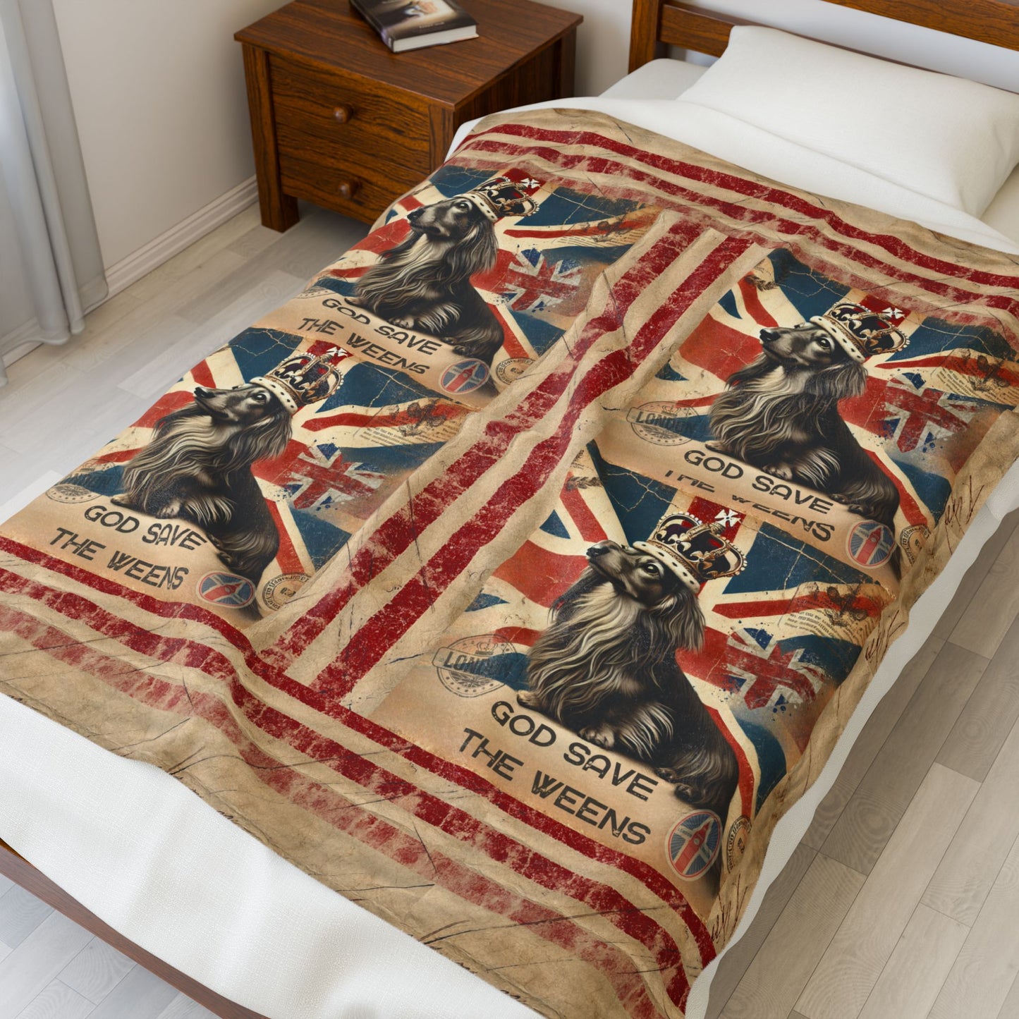 God Save the Weens Velveteen Plush Blanket Cozy Throw Blanket British Style Blanket Unique Dachshund Mom Gift House warming Blanket Weenie Dog Dad
