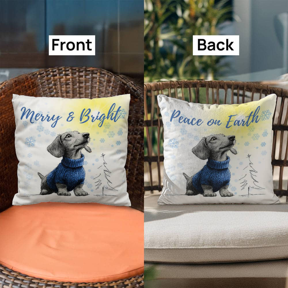 Throw Pillow Cover with Insert- Dachshund Christmas, Merry & Bright, Peace on Earth, Christmas Tree, Snowflakes, decorative pillow