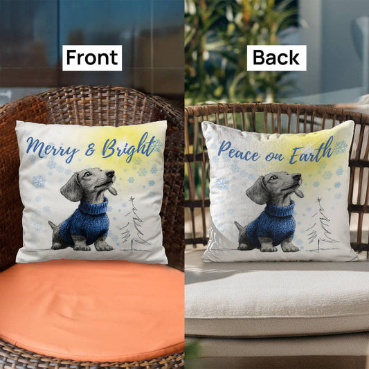Throw Pillow Cover with Insert- Dachshund Christmas, Merry & Bright, Peace on Earth, Christmas Tree, Snowflakes, decorative pillow