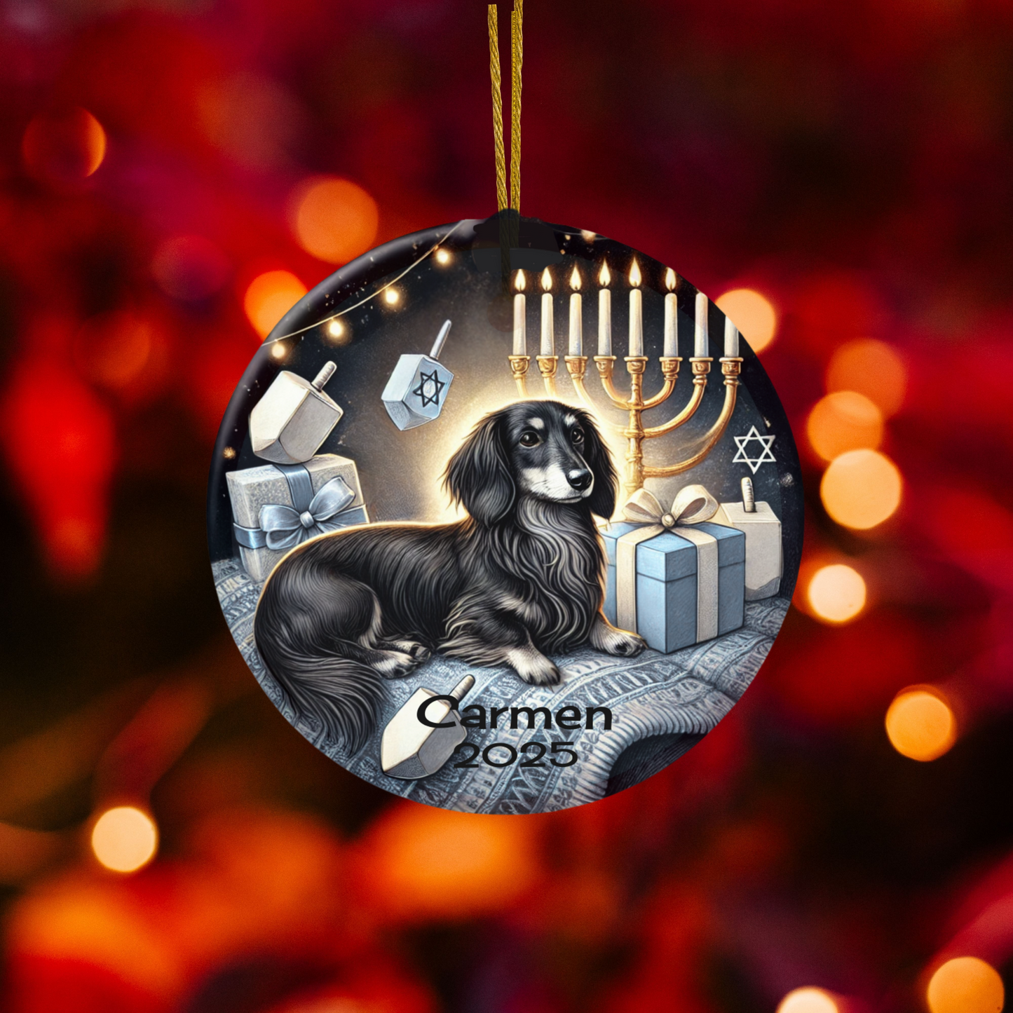 Ceramic Dachshund Hanukkah Ornament for doxie lovers, dog lovers, custom pet ornament, personalized ornament, pet lover, gift for pet lover.
