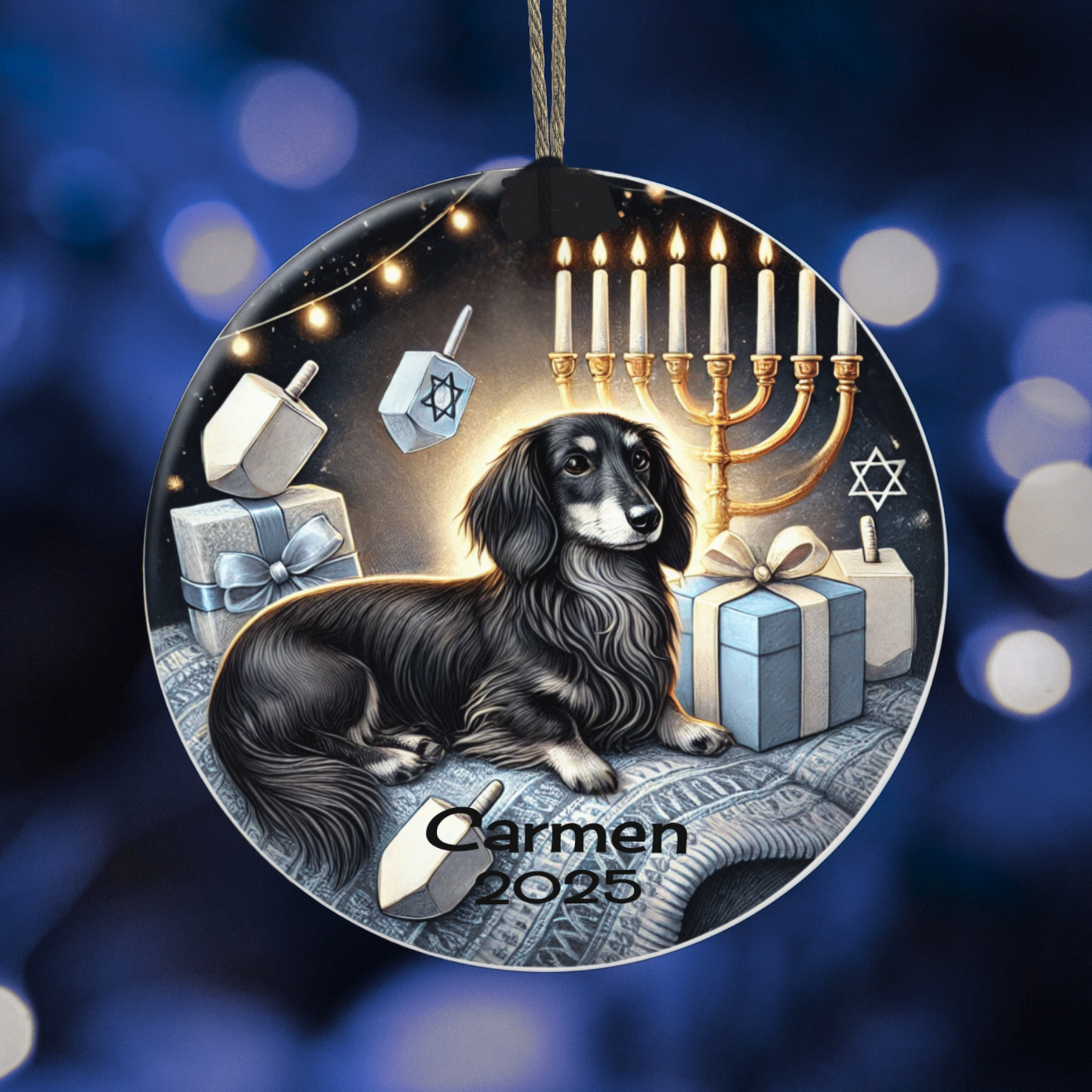 Ceramic Dachshund Hanukkah Ornament for doxie lovers, dog lovers, custom pet ornament, personalized ornament, pet lover, gift for pet lover.