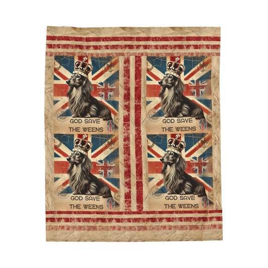 God Save the Weens Velveteen Plush Blanket Cozy Throw Blanket British Style Blanket Unique Dachshund Mom Gift House warming Blanket Weenie Dog Dad