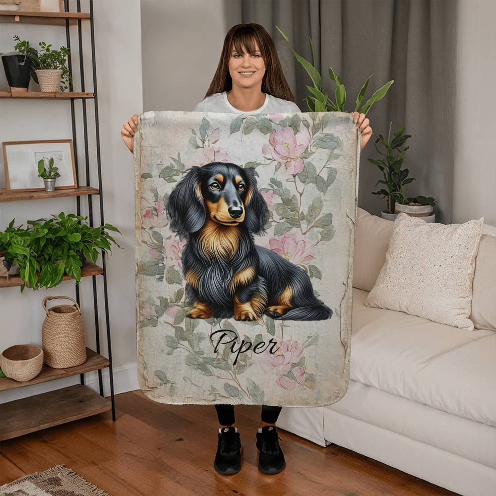 Custom Pet Blanket with Pet Photo + Pet Name Pink Pressed Flowers Blanket Custom Breed Sherpa Dog Mom Throw Customized Pet Gift Cozy Throw
