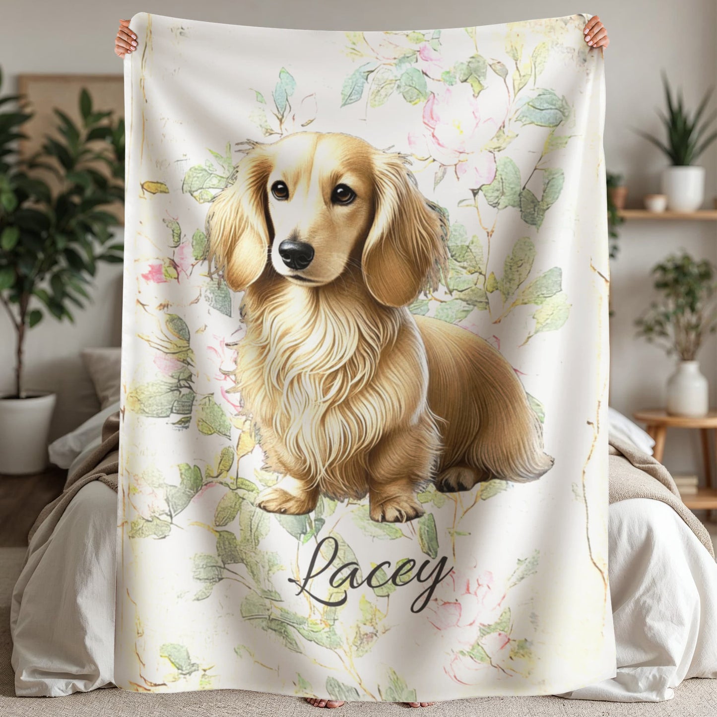 Custom Pet Blanket with Pet Photo + Pet Name Pink Pressed Flowers Blanket Custom Breed Sherpa Dog Mom Throw Customized Pet Gift Cozy Throw