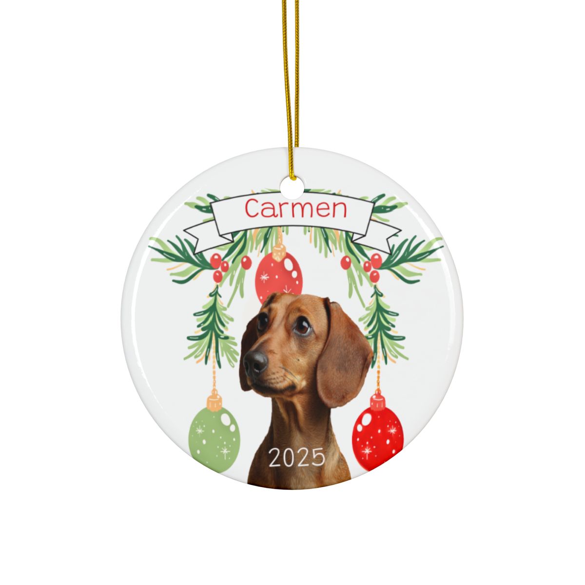 Ceramic Dachshund Christmas Ornament for doxie lovers, dog lovers, custom pet ornament, personalized ornament, pet memorial ornament, weiner dog, weenie dog, wiener dog, doxie, doxy, gift for pet lover.