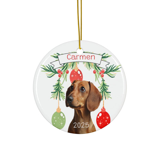 Ceramic Dachshund Christmas Ornament for doxie lovers, dog lovers, custom pet ornament, personalized ornament, pet memorial ornament, weiner dog, weenie dog, wiener dog, doxie, doxy, gift for pet lover.