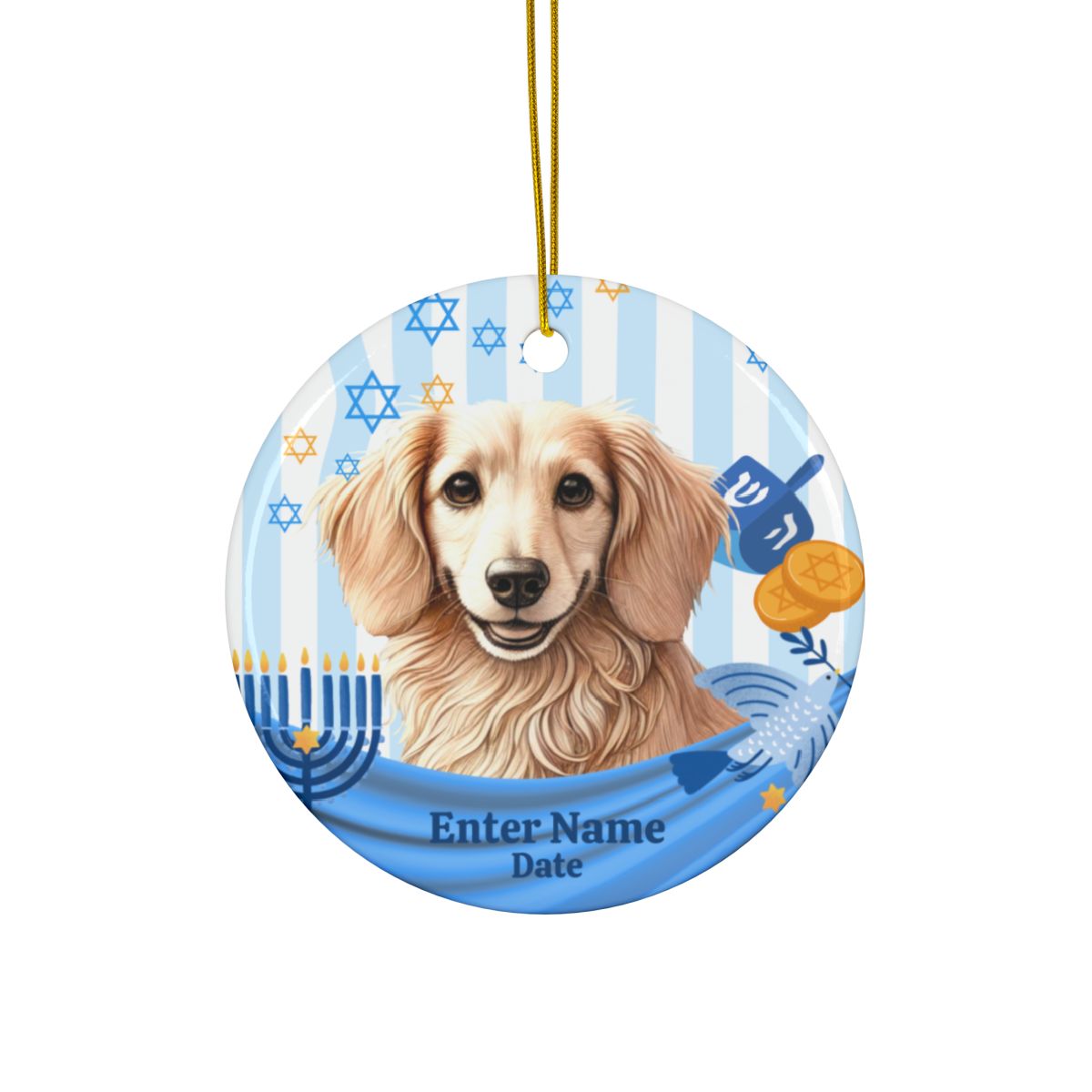 Ceramic Dachshund Hanukkah Ornament for doxie lovers, dog lovers, custom pet ornament, personalized ornament, pet lover, gift for pet lover.